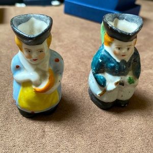 Vintage Occupied Japan porcelain 2 Toothpick Holders mini Toby Jugs Man & Woman